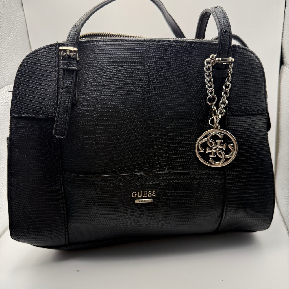 Guess Los Angeles Black Lizard Embossed Shoulder Bag Tote Silver Hardware